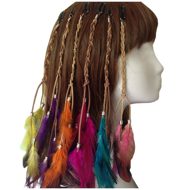 CBLUO رباط رأس ريشة هيبي هندي بوهيمي طوق شعر مزخرف غطاء رأس إكسسوار رأس للنساء والفتيات والأطفال تاج رباط شعر زينة حفلات تنكرية يدوية الصنع إكسسوارات شعر 6 قطع - Image 1